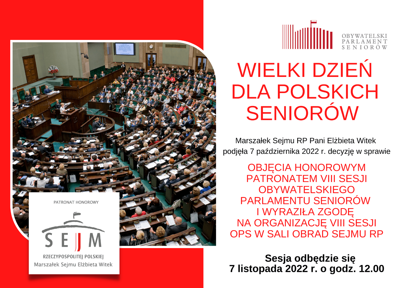 wielki dzien dla polskich seniorow - VIII Sesja Obywatelskiego Parlamentu Seniorów już 7 listopada o godzinie 12:00