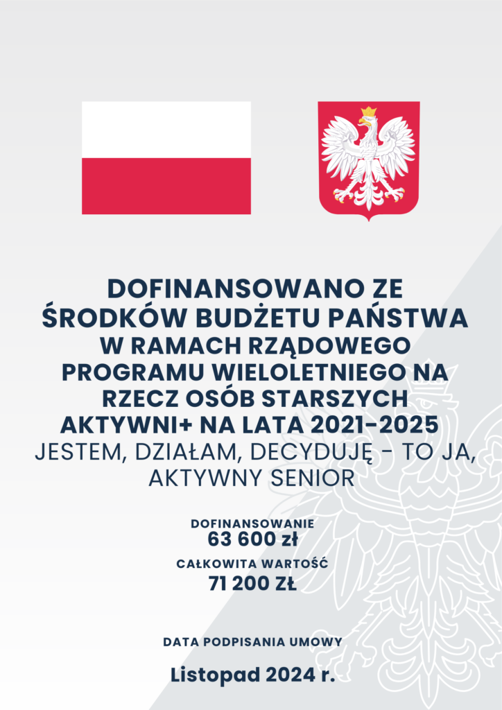 Plakat informacyjny Aktywni 724x1024 - Jesteśmy Beneficjentem projektu &bdquo;Jestem, działam, decyduję - to ja, aktywny Senior&rdquo;