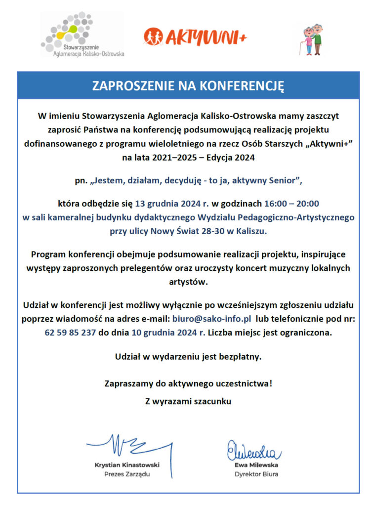 aktywni 2024 zaproszenie 753x1024 - Zapraszamy Senior&oacute;w na konferencję 13 grudnia 2024 r. w Kaliszu!